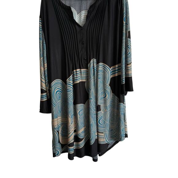 Ice Silk 3XL Black Tunic Top Blue Tan Geometric Pattern Button Front Long Sleeve - Picture 1 of 8